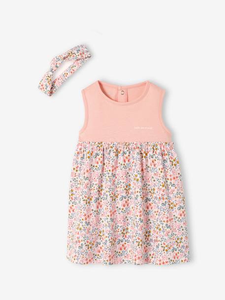 Kleid mit Haarband für Mädchen Baby graugrün bedruckt+wollweiß+zartrosa 13