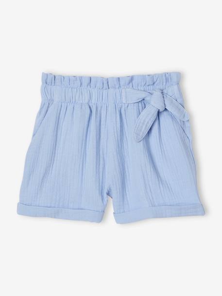 Mädchen Paperbag-Shorts, Musselin hellblau+koralle+mandelgrün+vanille 1