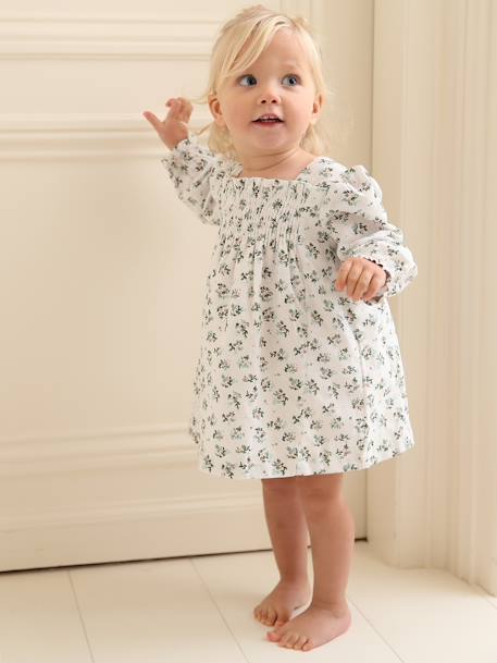 Gesmoktes Mädchen Baby Kleid weiß 1