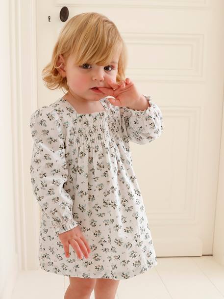 Gesmoktes Mädchen Baby Kleid weiß 2