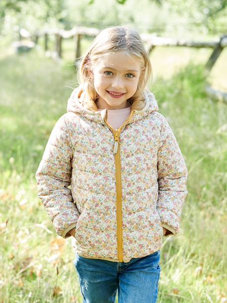 Wendbare Mädchen Light-Steppjacke, Kapuze, Recycling-Polyester anthrazit bedruckt+hellbeige bedruckt+nachtblau+rosa bedruckt 11