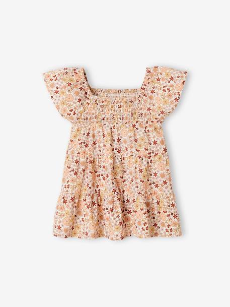 Gesmoktes Baby Kleid wollweiß/dunkelrosa geblümt 1