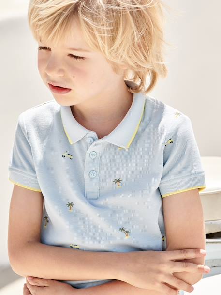 Jungen Poloshirt, Pikee Oeko-Tex blau bedruckt+wollweiß 2