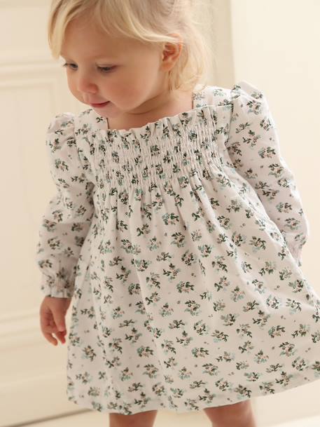 Gesmoktes Mädchen Baby Kleid - weiß - 9