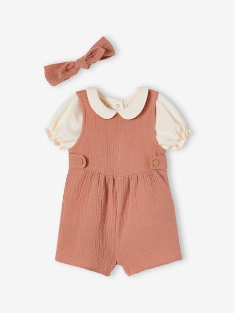 Mädchen Baby-Set: T-Shirt, Kurzoverall & Haarband, personalisierbar altrosa+salbeigrün 5