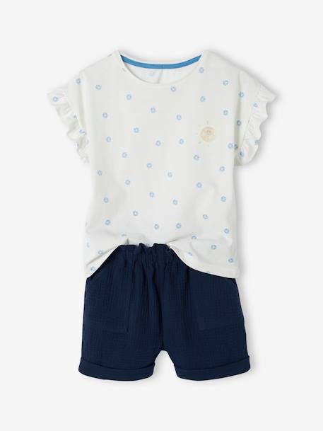 Mädchen-Set: T-Shirt & Shorts marine+pfirsich 1