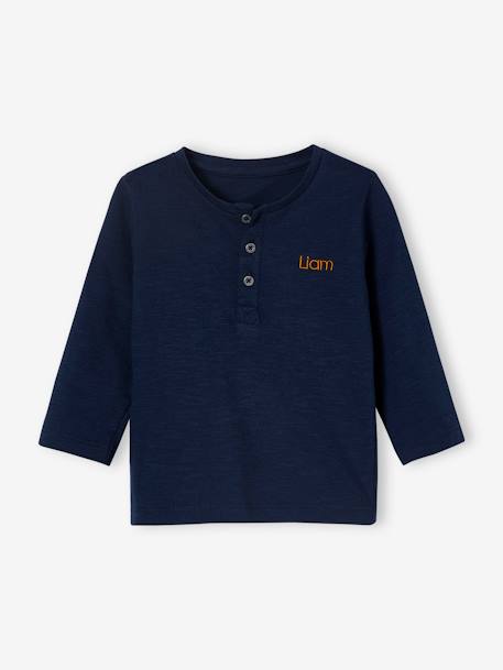 Jungen Baby Henley-Shirt BASIC, personalisierbar Oeko-Tex - dunkelgrün+nachtblau+pfirsich+sand - 9