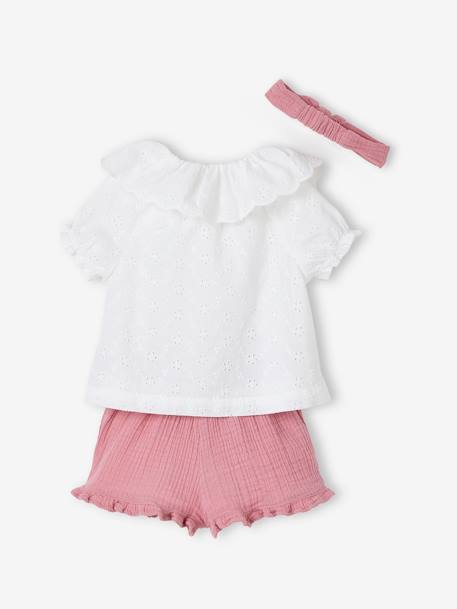 Mädchen Baby-Set: Bluse, Shorts & Haarband - weiß/rosa - 4