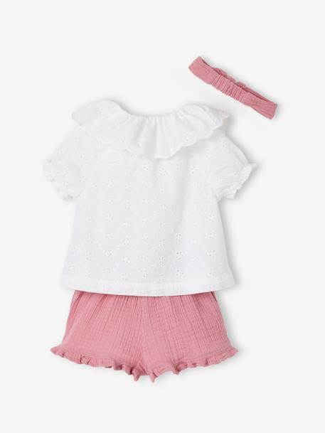 Mädchen Baby-Set: Bluse, Shorts & Haarband weiß/rosa 4