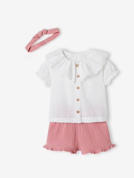 Mädchen Baby-Set: Bluse, Shorts & Haarband weiß/rosa 1