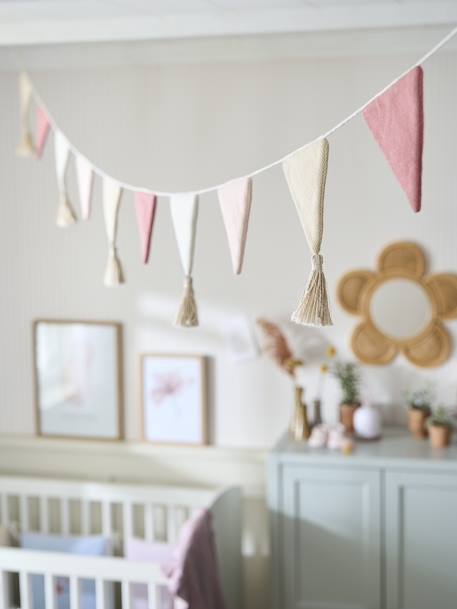 Kinderzimmer Wimpelkette, gestrickt beige/mehrfarbig+pudrig rosa 9