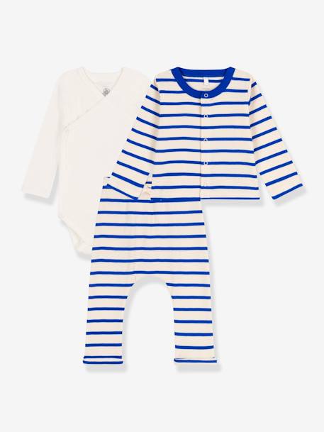 3-teiliges Baby-Set PETIT BATEAU, Bio-Baumwolle Oeko-Tex blau gestreift+weiß 1