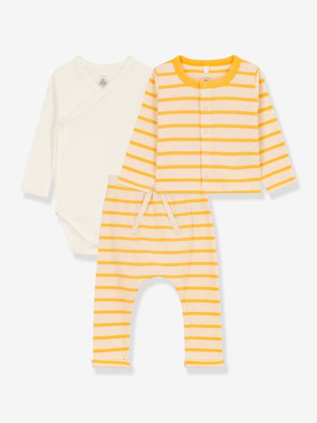 3-teiliges Baby-Set PETIT BATEAU, Bio-Baumwolle Oeko-Tex gelb gestreift+weiß 1