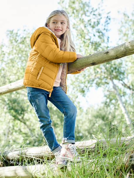 Wendbare Mädchen Light-Steppjacke, Kapuze, Recycling-Polyester hellbeige bedruckt+nachtblau+rosa bedruckt 2