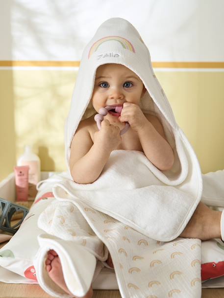 Baby Kapuzenbadetuch REGENBOGEN mit Geschenkverpackung, Oeko-Tex, personalisierbar weiß bedruckt 1