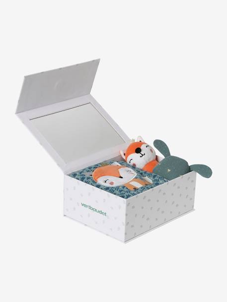 Baby Geschenk-Set: Schmusetuch, Rassel & Stoffbuch, personalisierbar - gelb+orange/grün/märchenwald - 8