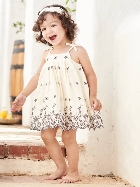 Mädchen Baby-Set: Kleid, Shorts & Haarband - wollweiß/blumen - 1