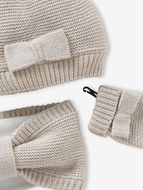 Mädchen Baby-Set: Mütze, Rundschal & Fäustlinge - beige/schleifen - 5