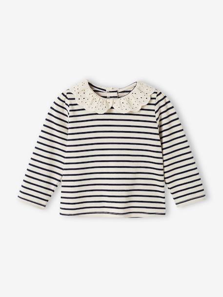 Baby Shirt mit besticktem Kragen hellbeige+marine gestreift+rot gestreift 10