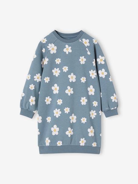 Mädchen Sweatkleid mit Blumen graublau+terrakotta 1