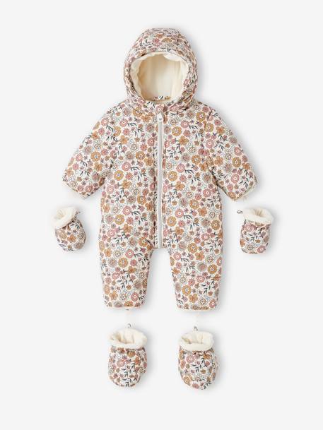 Baby Winter-Overall mit Fleecefutter, geblümt hellbeige bedruckt 1