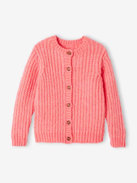 Flauschige Mädchen Strickjacke Oeko-Tex bonbon rosa+grau meliert+petrol+rot 3