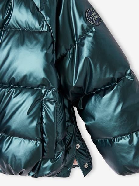 Mädchen Kapuzen-Steppjacke in Perlmutt-Optik, Wattierung Recycling-Polyester tannengrün+wollweiß 8