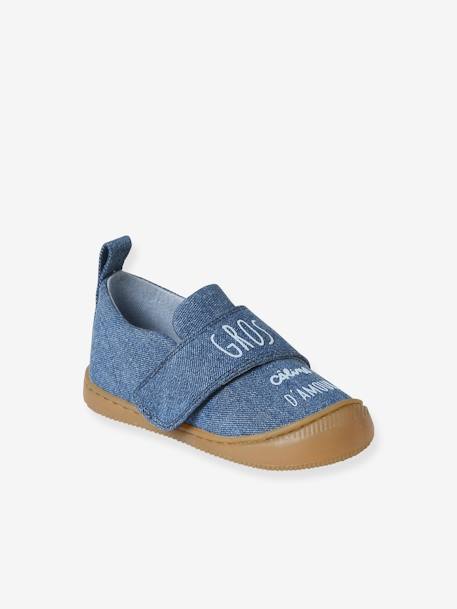 Baby Stoff-Hausschuhe mit Klettverschluss - jeansblau - 1