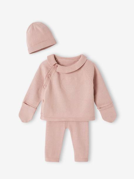 Baby Strick-Set: Cardigan, Leggings & Mütze Oeko-Tex - malve+schiefergrau - 1