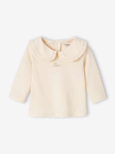 Mädchen Baby Shirt, Bubikragen mit Rüschen Oeko-Tex, personalisierbar hellbeige+smaragdgrün 3