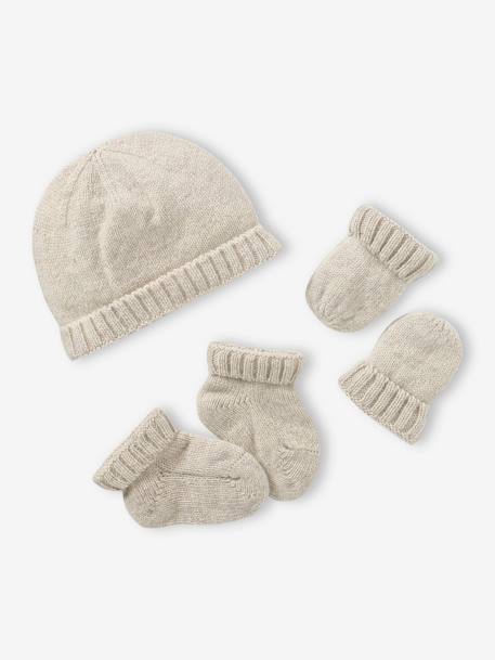 Baby-Set aus Strick: Mütze, Fäustlinge & Schühchen - beige meliert+hellbraun - 1