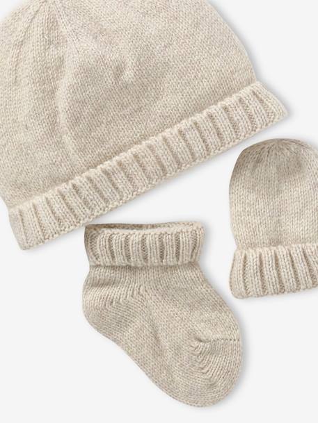 Baby-Set aus Strick: Mütze, Fäustlinge & Schühchen beige meliert+hellbraun 5