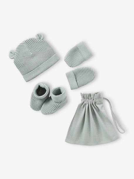 Baby-Set: Mütze, Fäustlinge & Schühchen im Geschenkbeutel Oeko Tex graublau+jeansblau+pudrig rosa+wollweiß 1