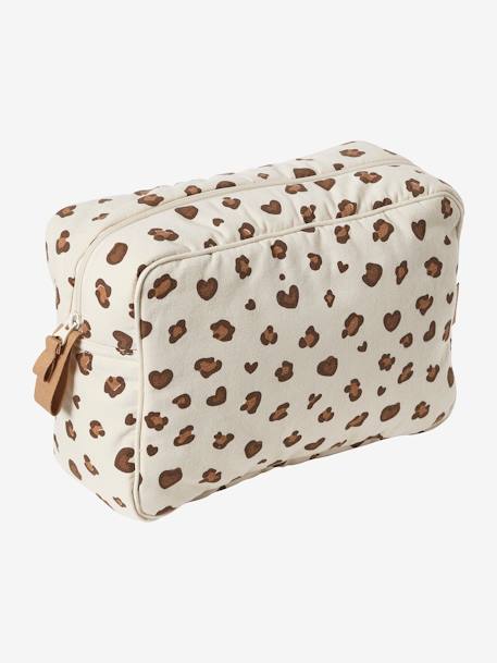 Kinder Waschbeutel, Kosmetiktasche Oeko-Tex, personalisierbar - hellbeige leoprint+wollweiß füchse+wollweiß herzen - 1