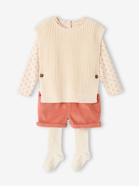 Mädchen Baby-Set: Shirt, Shorts, Pullunder & Strumpfhose altrosa+jeansblau 3