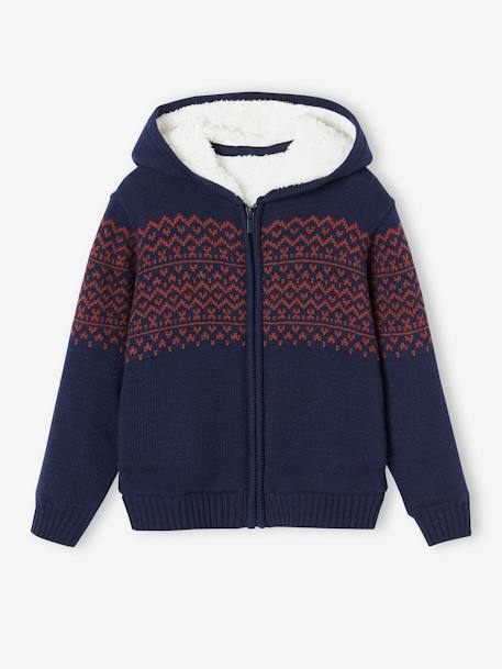 Gefütterte Jungen Strickjacke - grau meliert+marine - 5