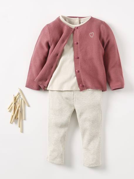 Baby Strickjacke Herz BASIC Oeko-Tex, personalisierbar - altrosa+wollweiß - 6