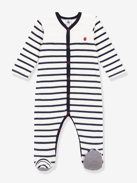 Baby Samt-Strampler mit Streifen PETIT BATEAU weiß bedruckt 1