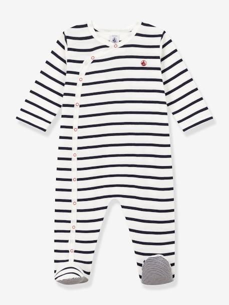 Baby Ripp-Strampler mit Streifen PETIT BATEAU weiß bedruckt 1