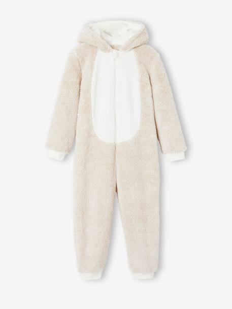 Weihnachtlicher Mädchen Plüschoverall Eule beige meliert 3