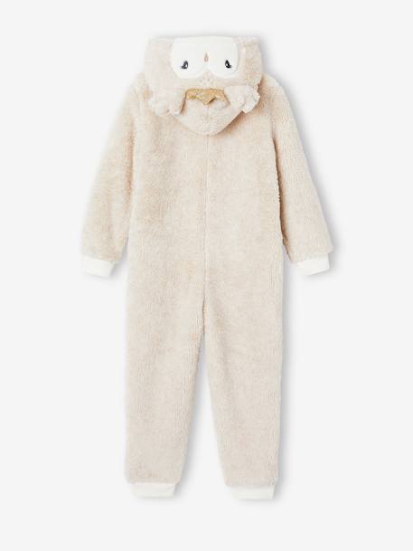 Weihnachtlicher Mädchen Plüschoverall Eule beige meliert 2