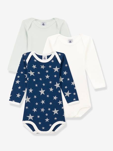 3er-Pack Baby Langarm-Bodys PETIT BATEAU, nachtleuchtende Sterne - weiß - 1