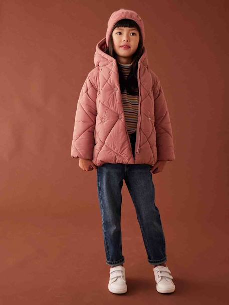 Mädchen Kapuzen-Steppjacke mit Teddyfleece-Futter, Wattierung Recycling-Polyester blush+marine 1