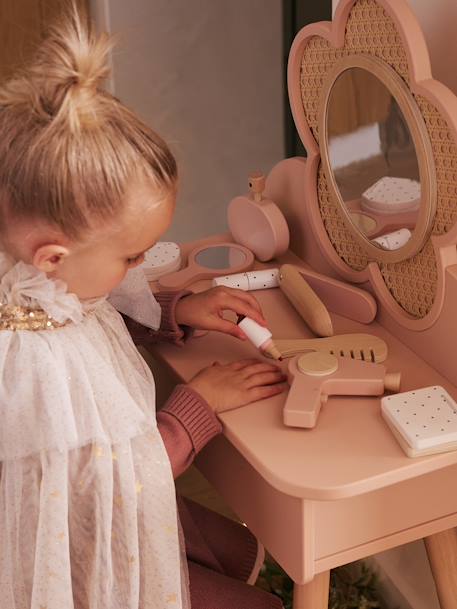 Kinder Schminktisch mit Zubehör, Holz FSC® und Rattangeflecht rosa+weiß 6