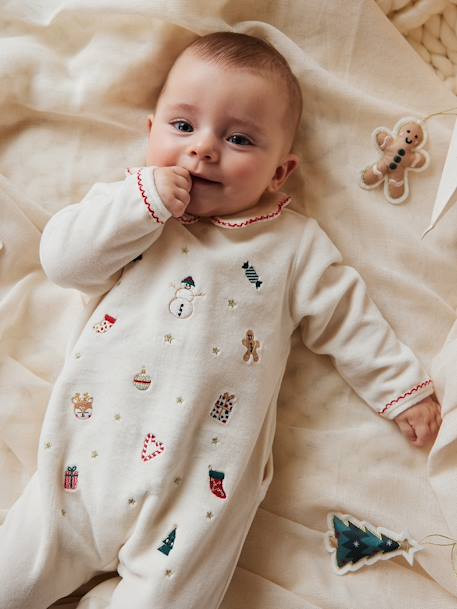 Baby Samt-Strampler mit Weihnachts-Stickereien Oeko-Tex wollweiß 1