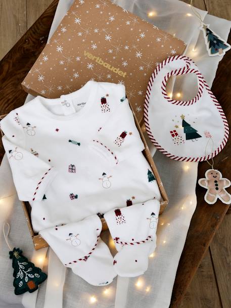 Weihnachtliches Baby Geschenk-Set: Samt-Strampler & Lätzchen Oeko-Tex wollweiß 1