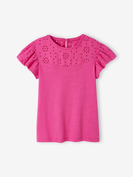 Mädchen T-Shirt mit Volantärmeln und Lochstickerei Oeko-Tex dunkelrosa+fuchsia+koralle+marine+weiß 4