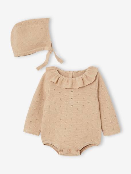 Baby-Set: Strick-Kurzoverall mit langen Ärmeln & Mütze Oeko-Tex - beige meliert - 7