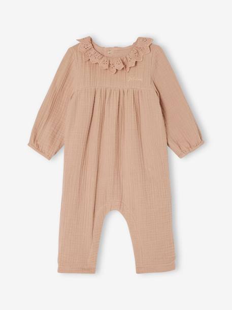 Mädchen Baby Overall, Lochstickerei cappuccino+wollweiß 1