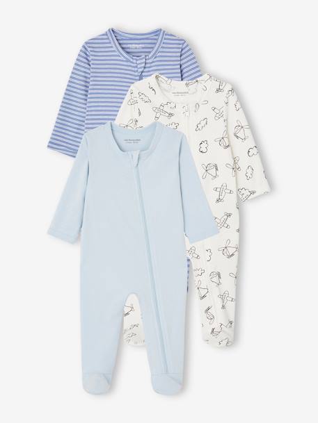 3er-Pack Baby Strampler mit Reißverschluss BASICS - blau chambray+cappuccino - 1